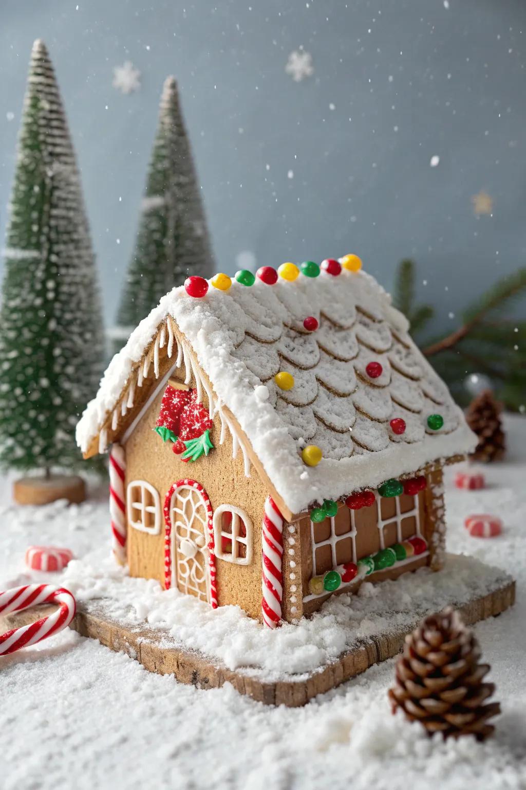 Candy cane chalet gingerbread house with striking festive colors.