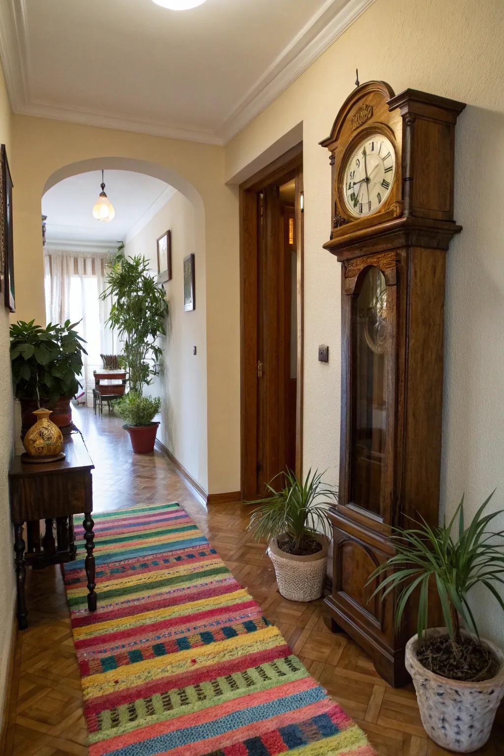 A corridor gains distinction with the inclusion of a time-honored sentinel and vibrant d&eacute;cor.