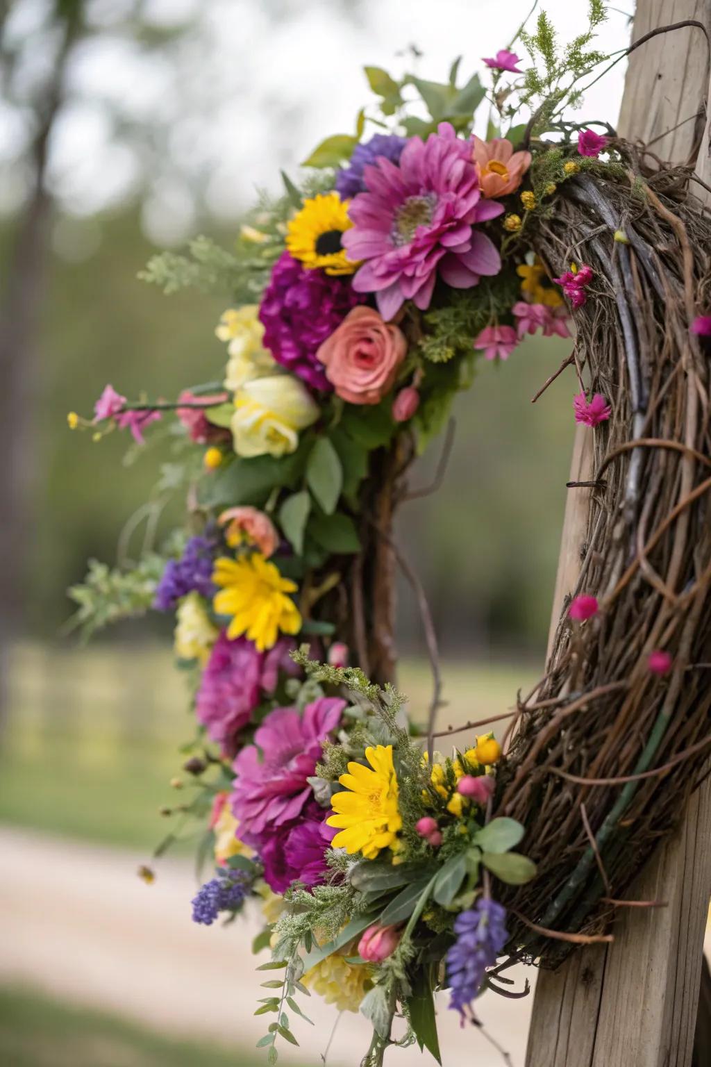 A lively botanical grapevine wreath displaying vivid blooms.