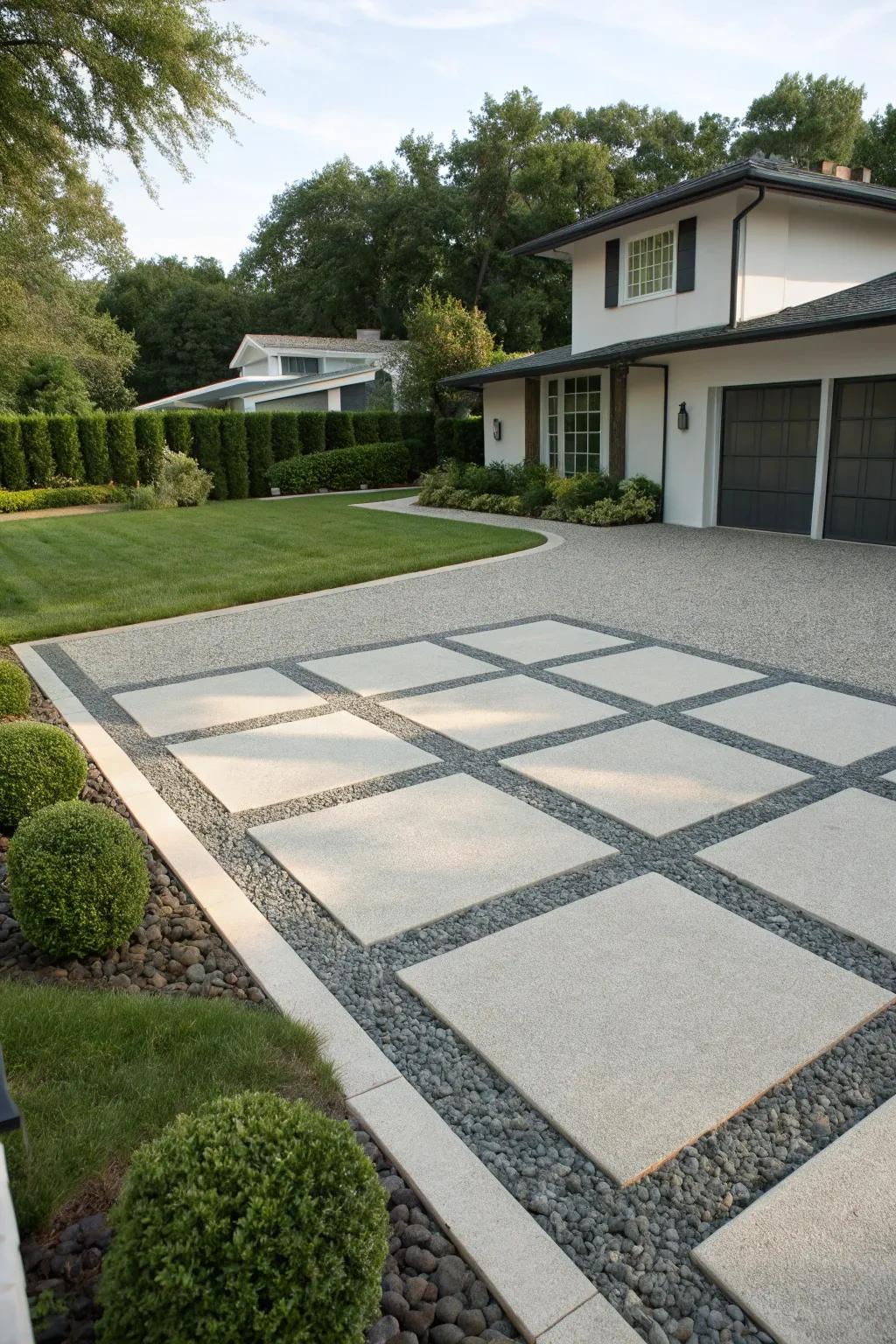 Geometric paver compositions heighten the driveway's visual allure.