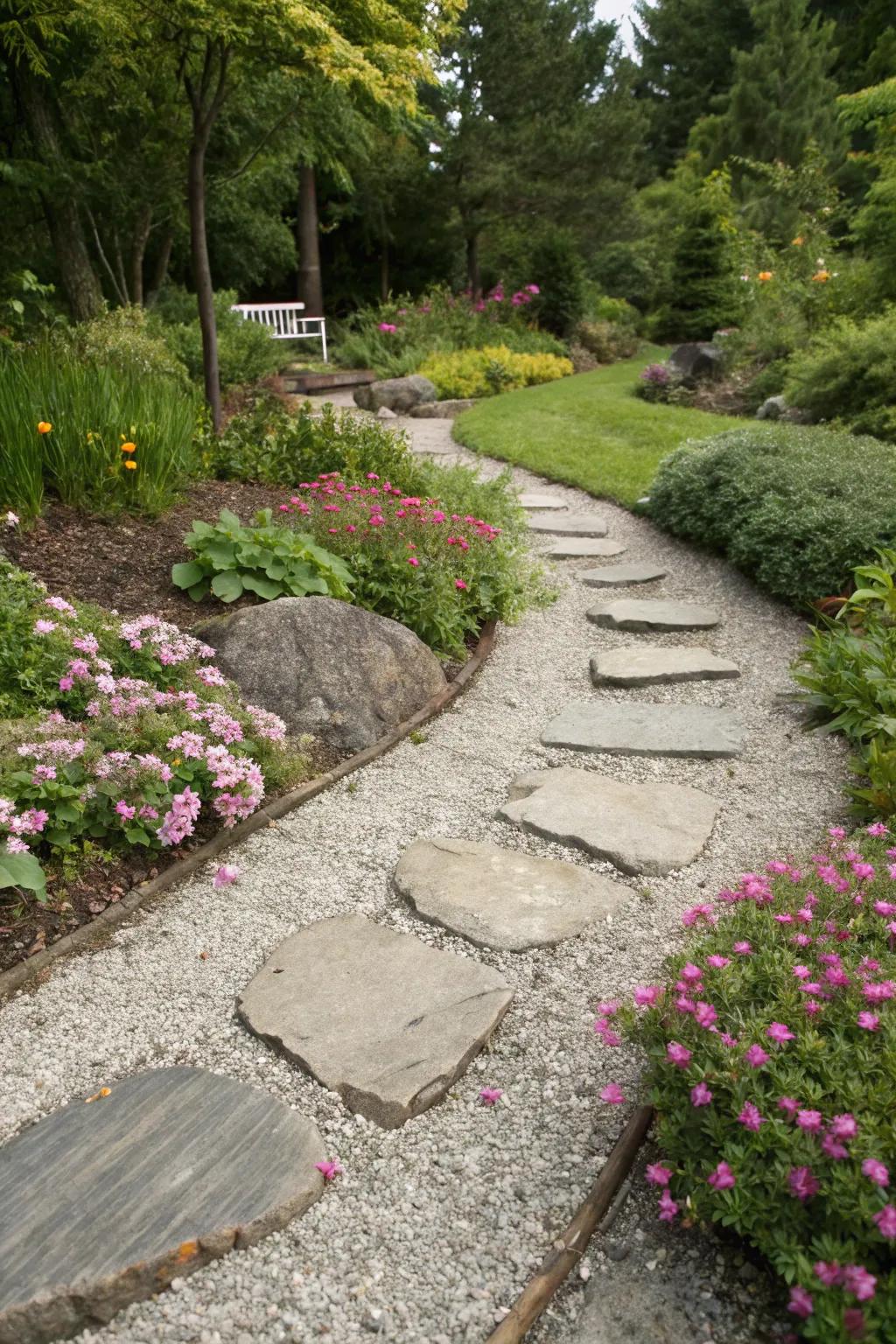 Walkways guide through a gravel flower bed