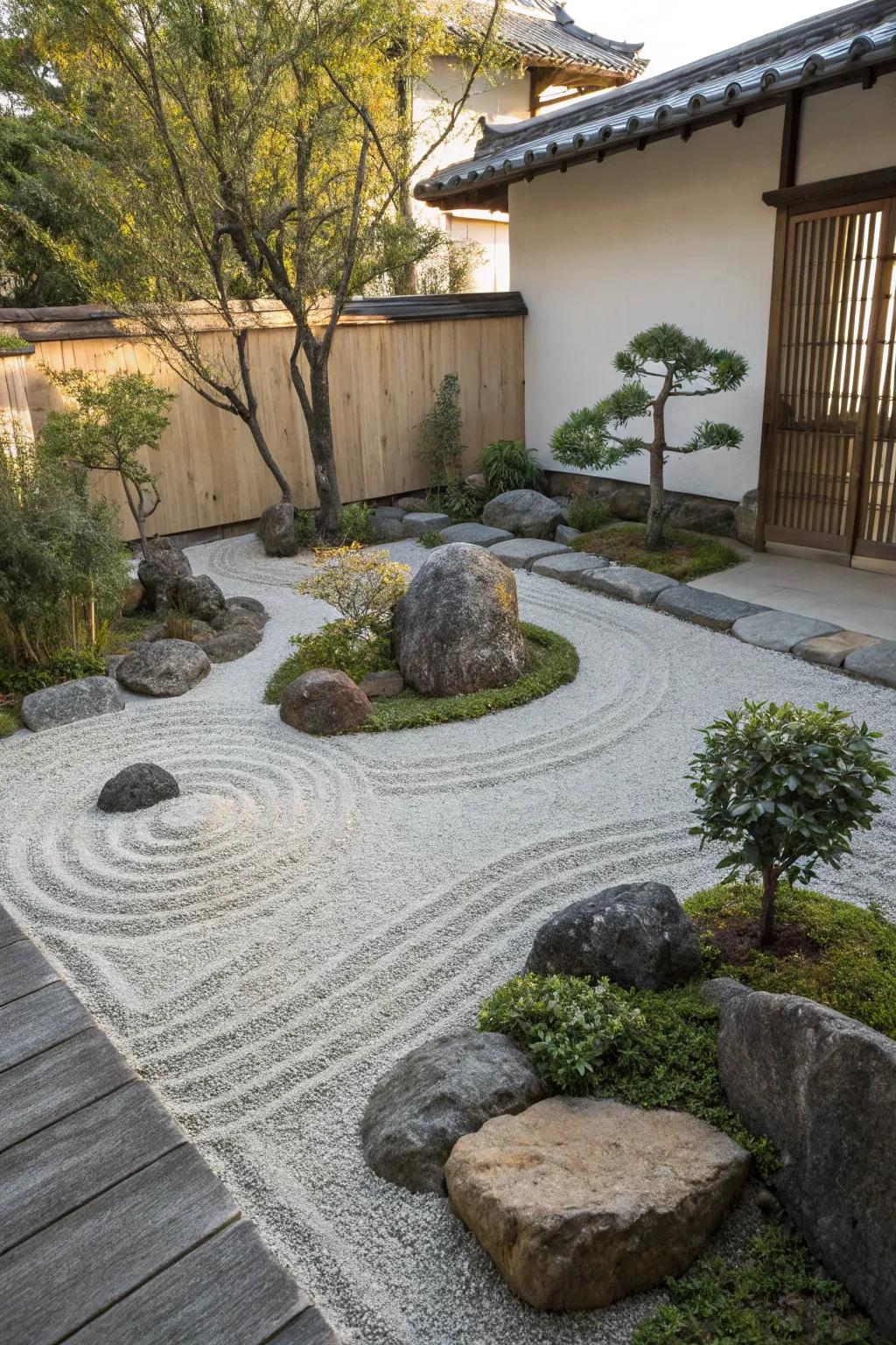 A peaceful Zen garden located within a gravel patio, excellent for meditation.