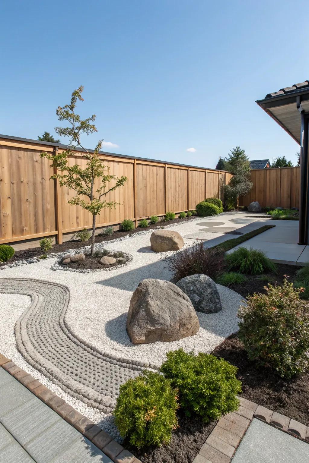 A tranquil Zen garden with chippings is ideal for meditation and relaxation.