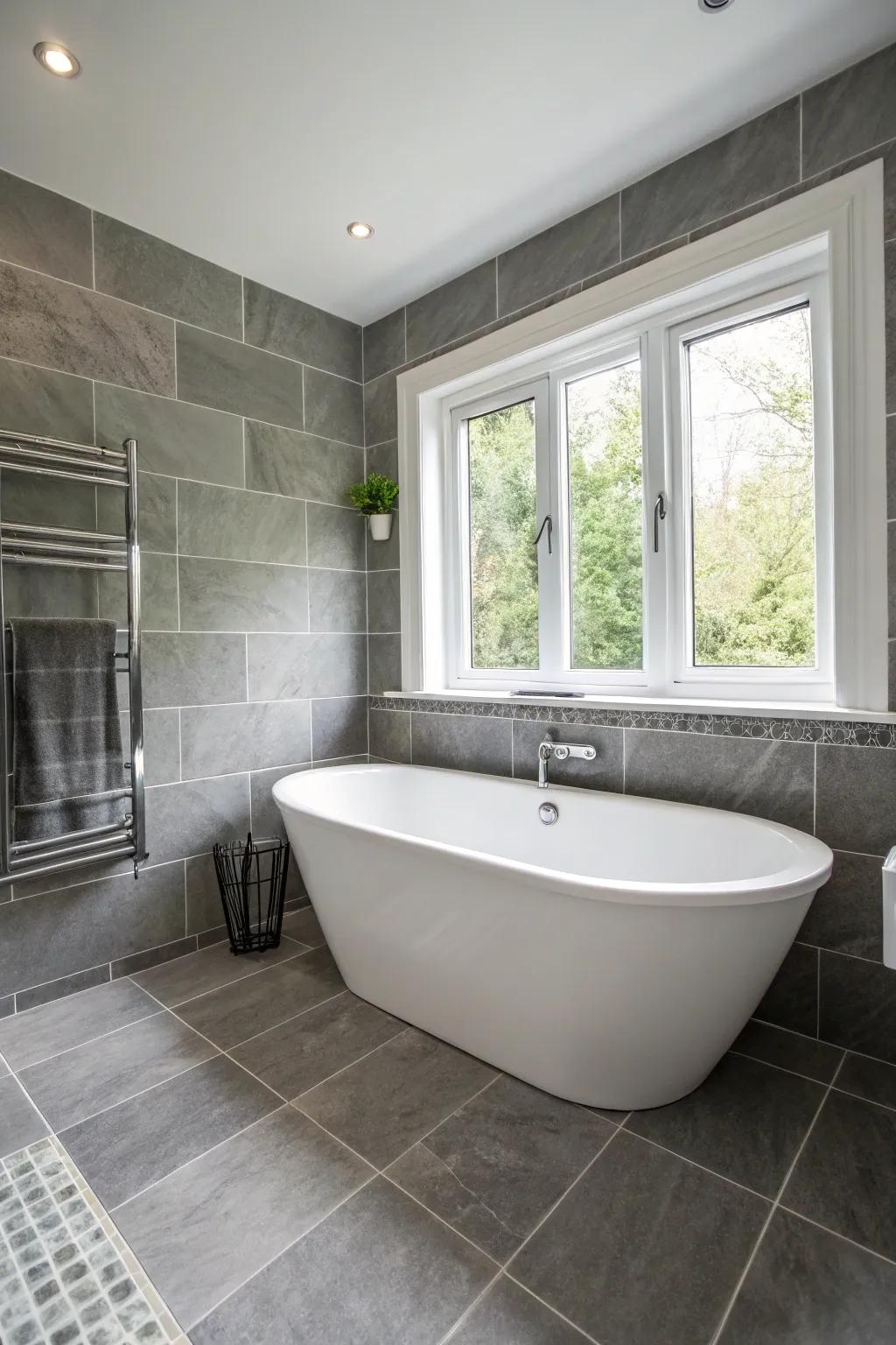 A individual bathing-tub embodies ultimate extravagance in a gray and white washroom.