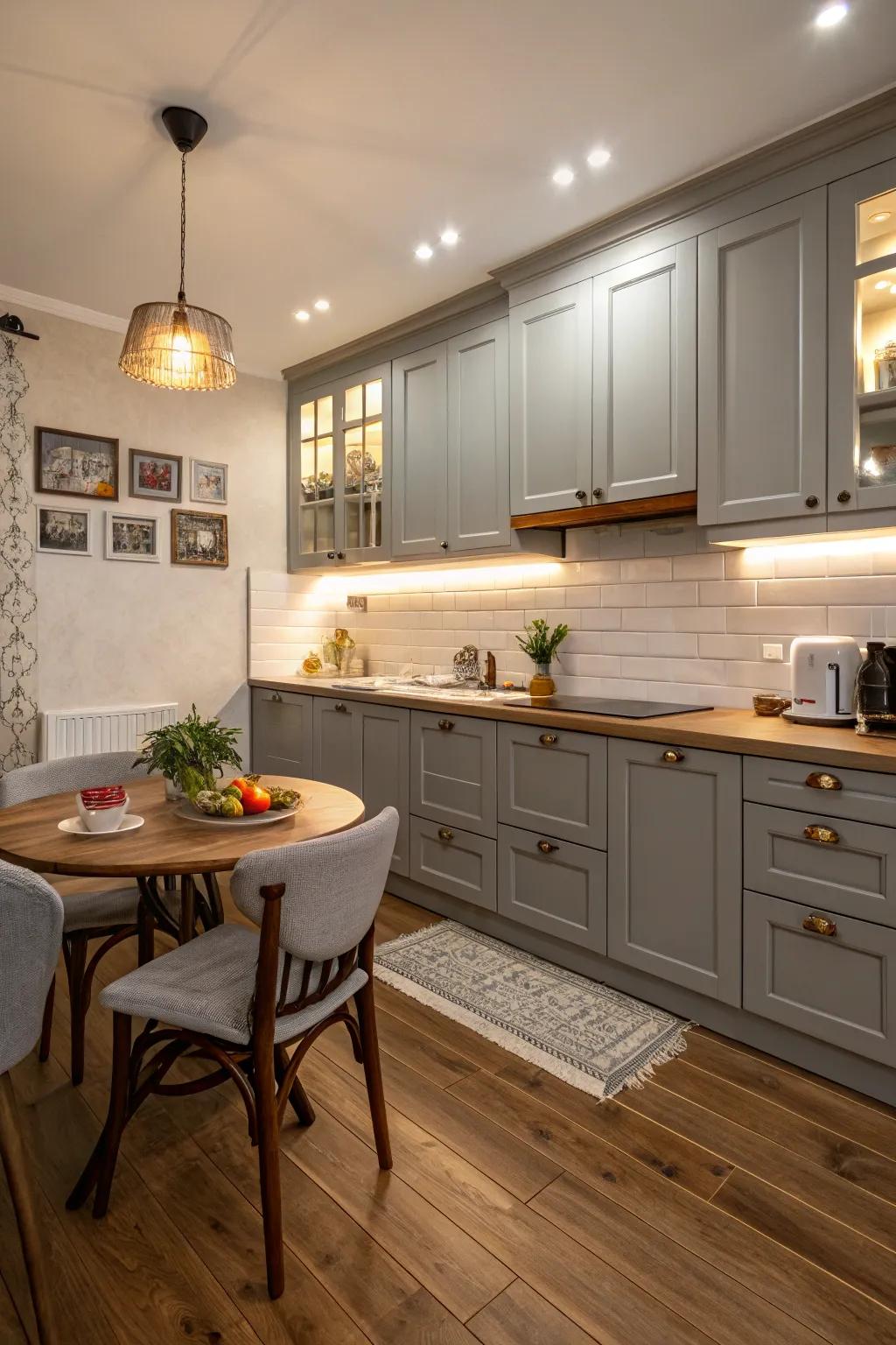 Rich timber flooring complements gray cabinets, introducing coziness into the culinary area.