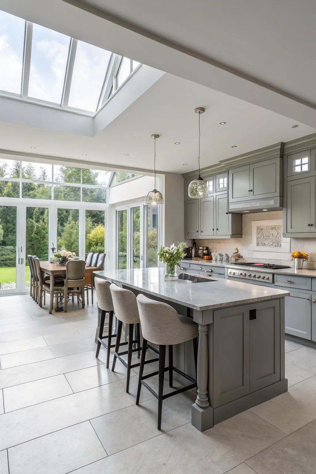 An open-concept kitchen design in which gray cabinets provide cohesion to the space.