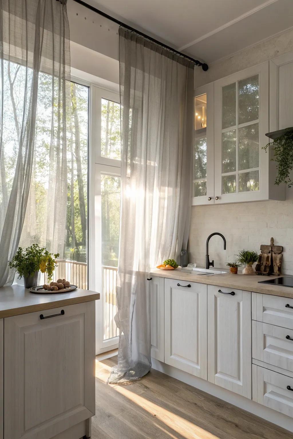 Subtle sheer curtains ensure privacy while maintaining brightness.