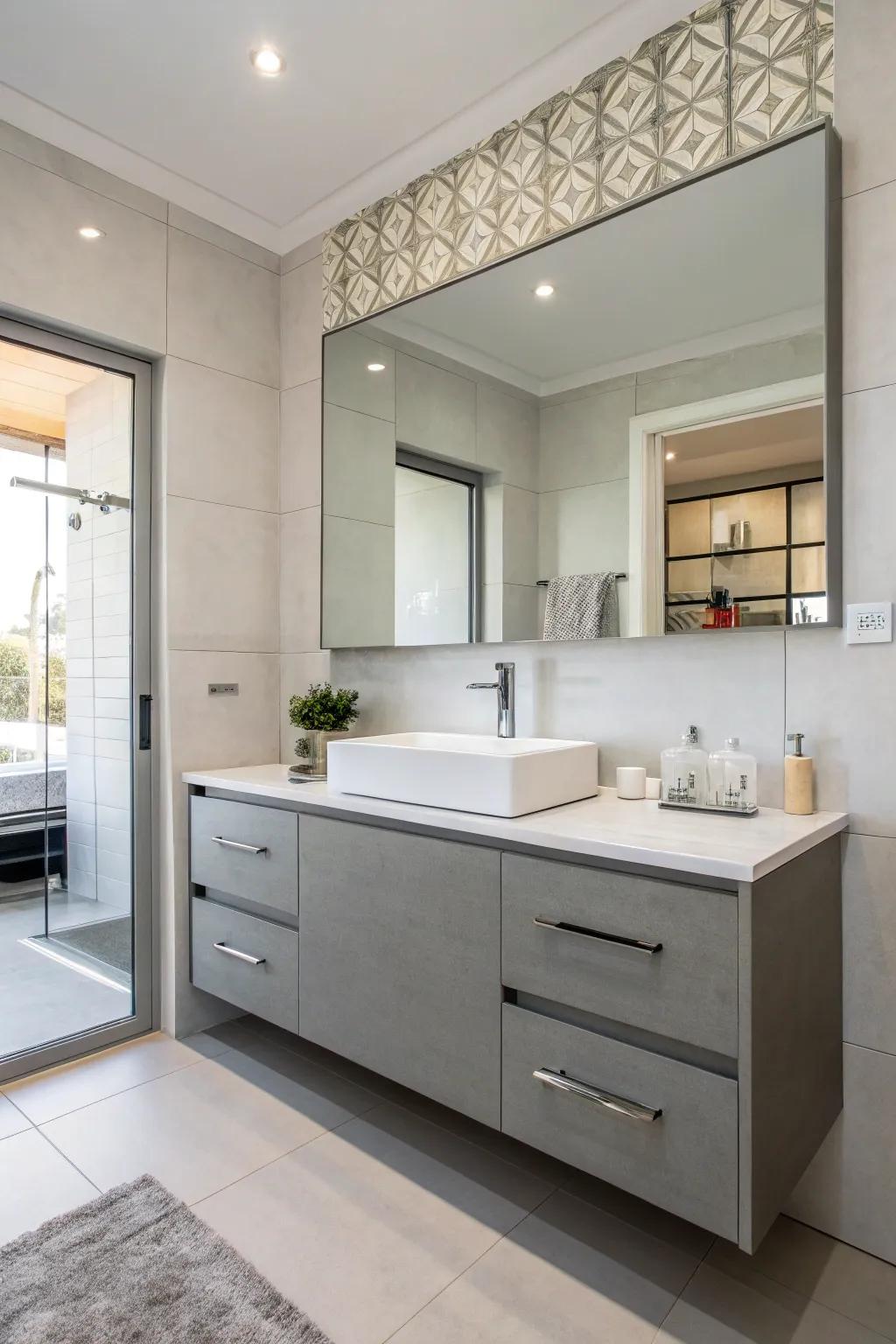 A floating gray vanity elevates the modern aesthetic of the bathroom.