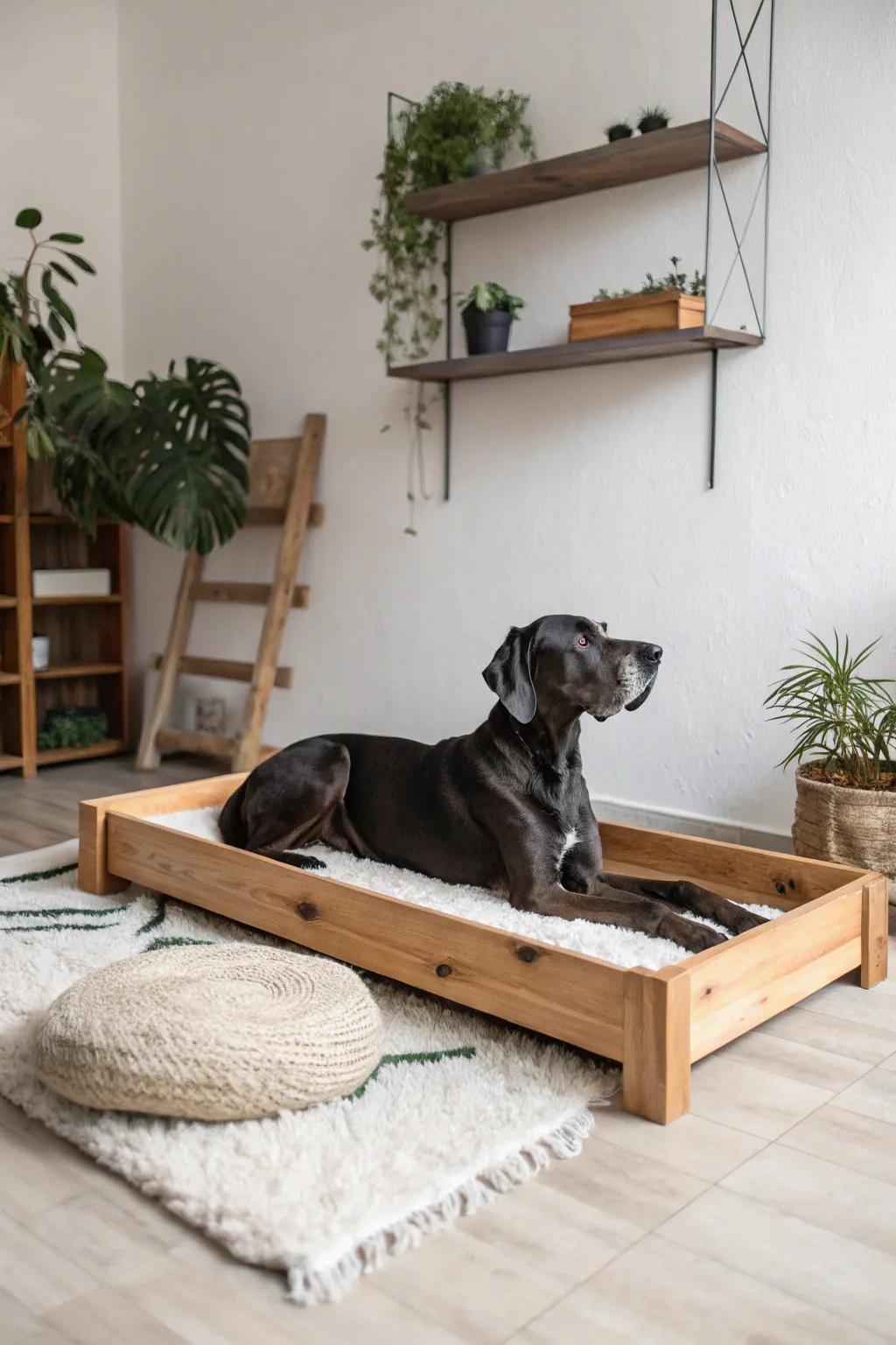 Raised wooden beds offer both style and the necessary support for your Great Dane's rest.