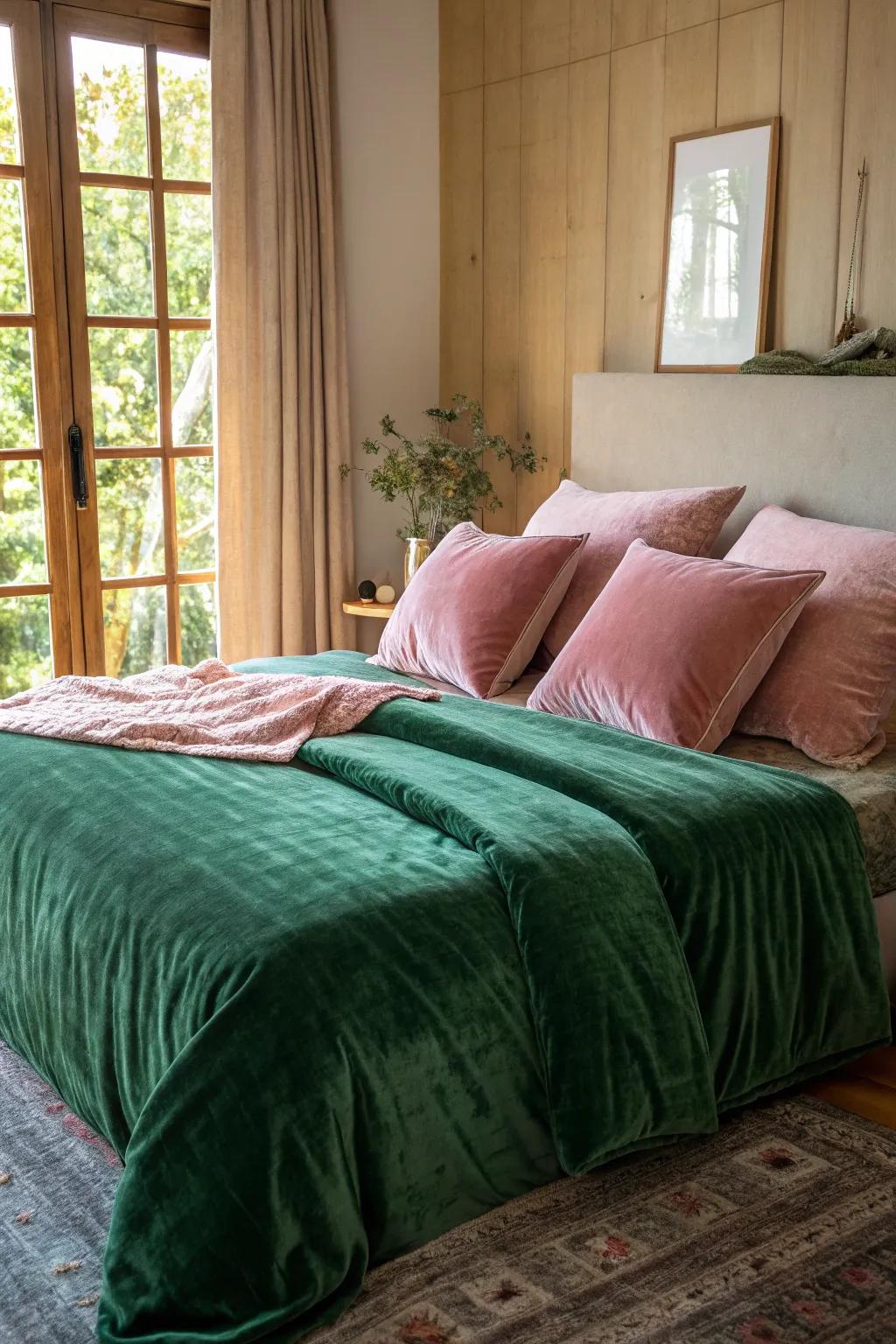 Velvet bedding in green and pink exudes luxury and comfort.