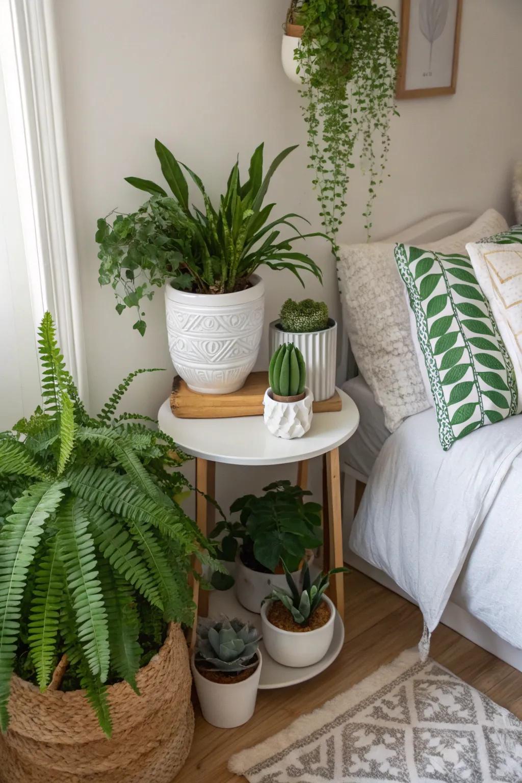 Potted florals enhance the organic theme and add a lively sensation.