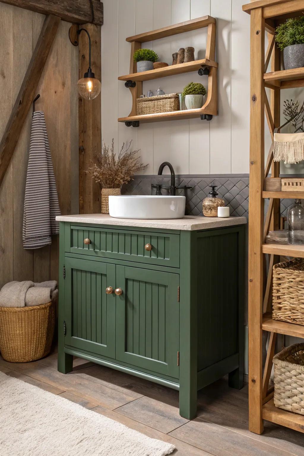 Forest green vanity featuring rustic charm with fluted details.