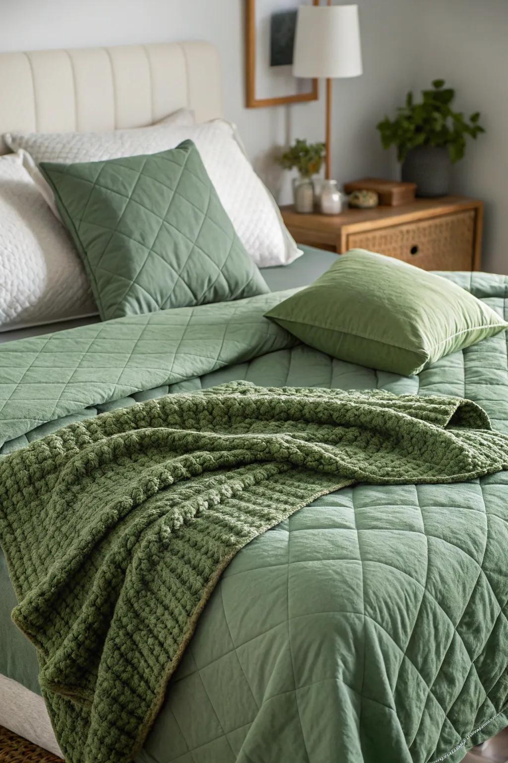 The bedroom is made more comfortable and fashionable by the use of opulent green bedding.