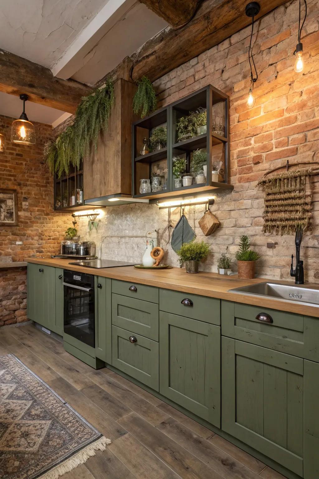 Countryside kitchen retreat featuring woodland shade cabinets and inviting textures.