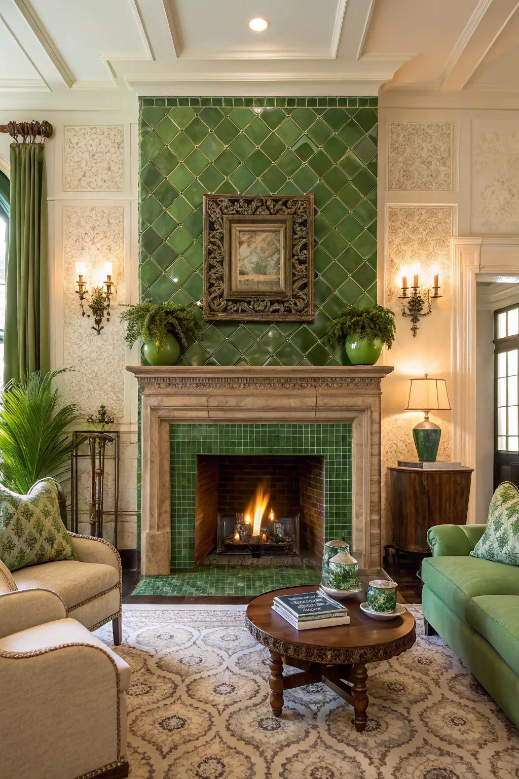 A fireplace wonderfully enhanced with verdant tile embellishments.
