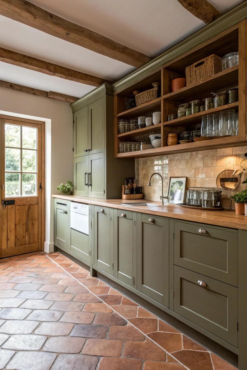 Shady green cabinets imbue warmth and earthiness into the kitchen.