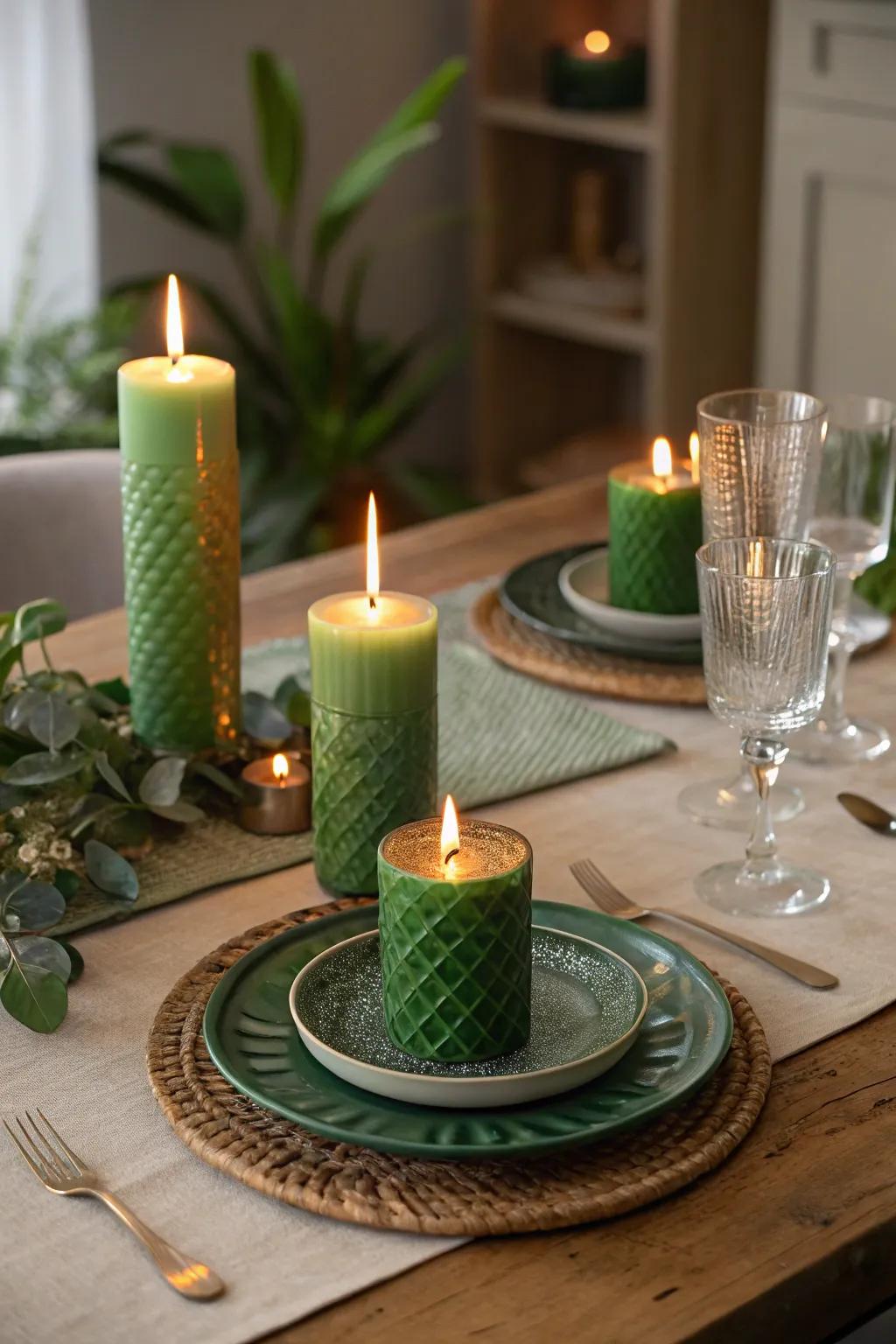 An elegant, warm setting made by green candles.