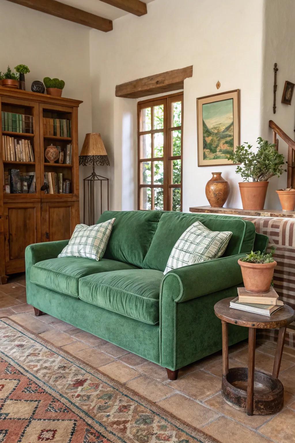 A harmonious lounge showcasing an emerald plush sofa blended with natural hues.