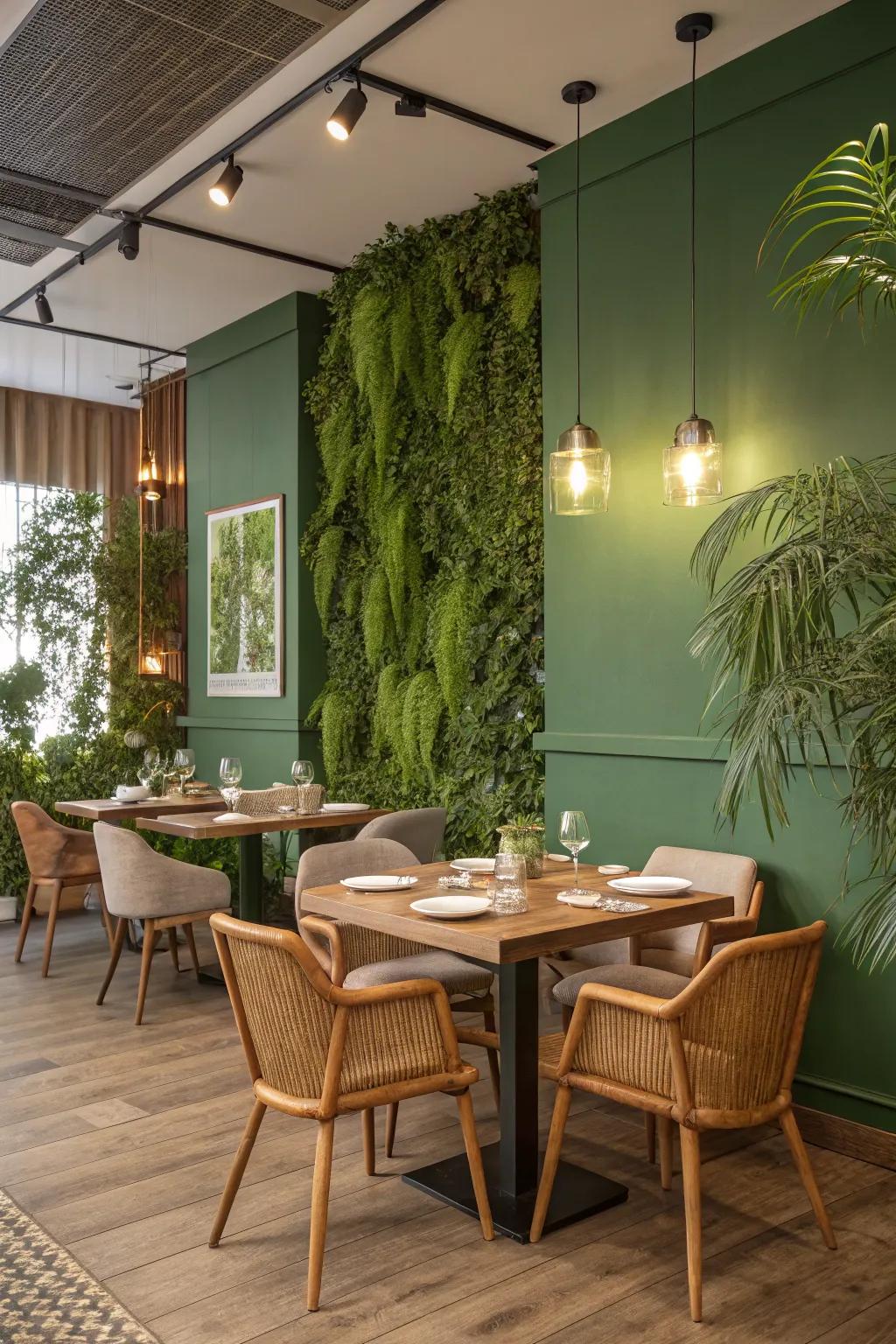 A dining area that captures the essence of the outdoors through nature-inspired design aspects.