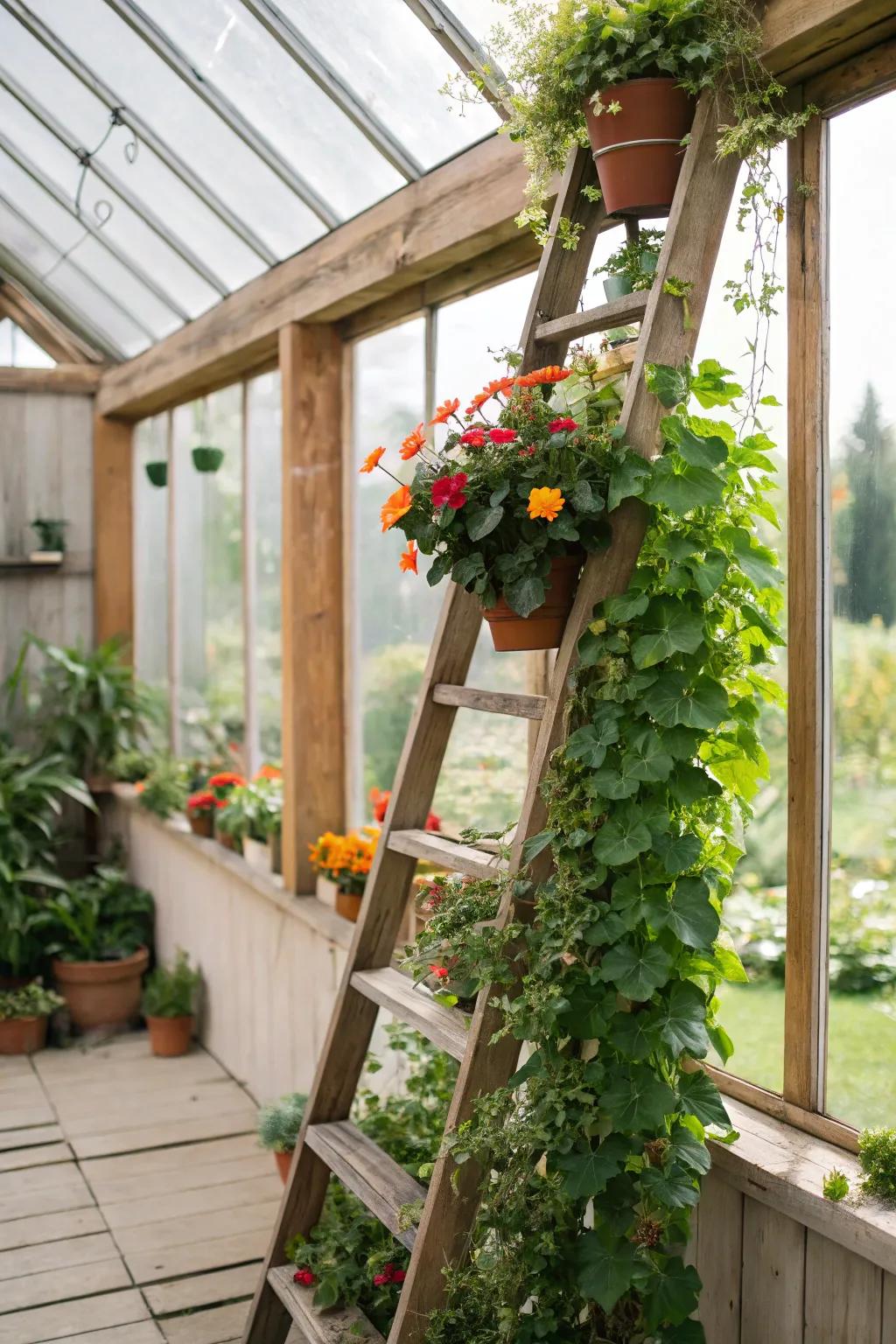 Stylish step-ladder shelves showcasing cascading plants beautifully.