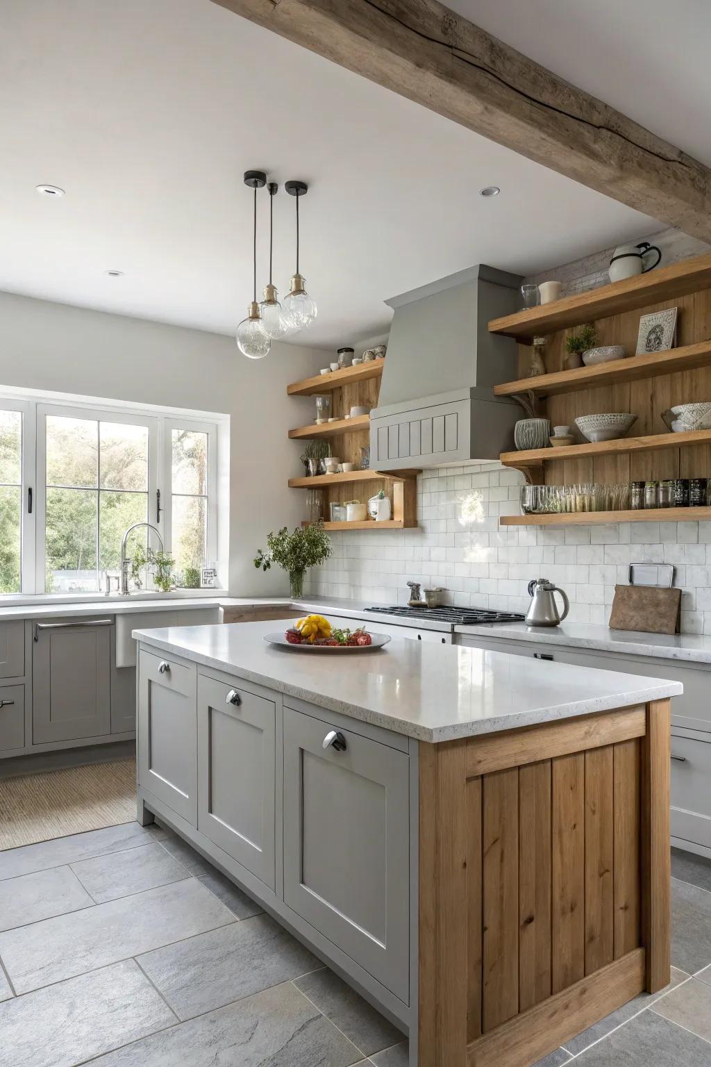 Timber details adding coziness to a grey and white kitchen