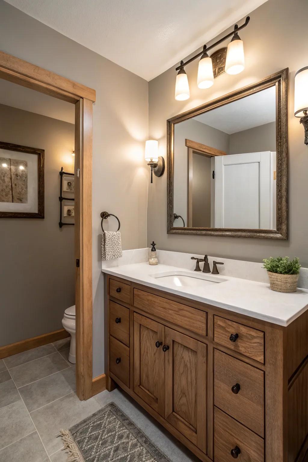 Greige walls paired with natural wood elements create a welcoming and comforting bathroom space.