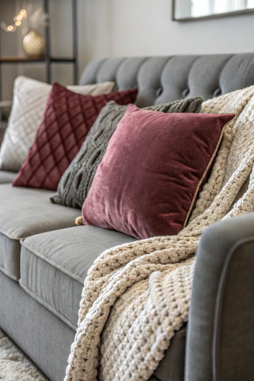 Material contrasts on a grey sofa produce a deep visual impact.
