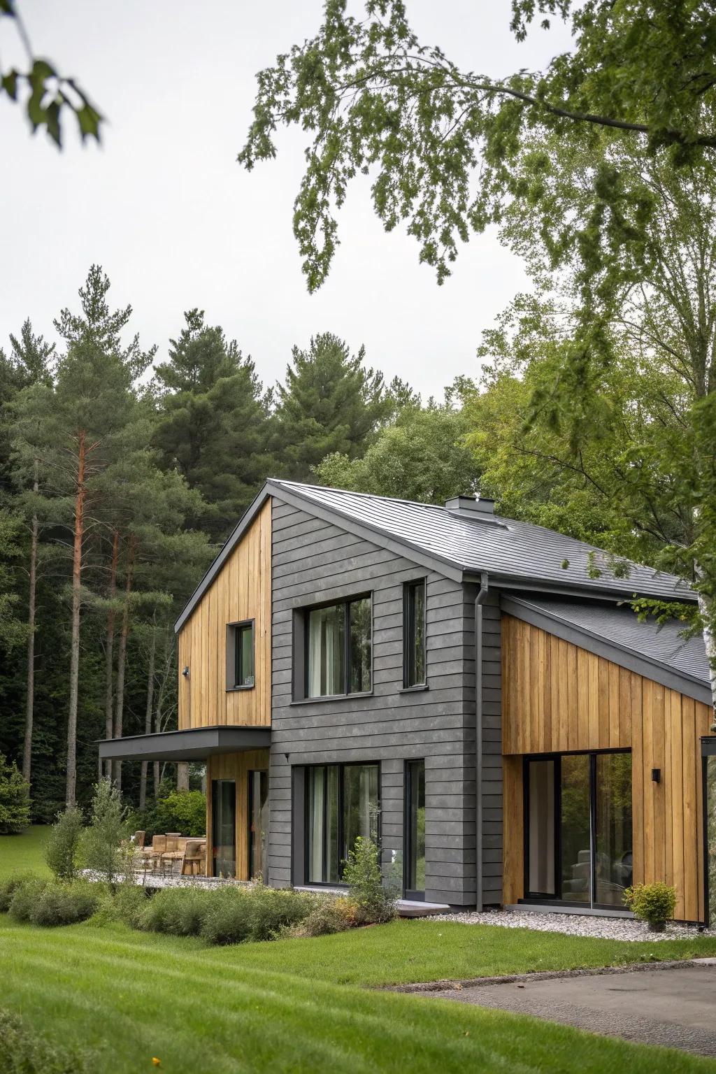 The mix of grey and organic timber creates a balanced fusion of modern and countryside.