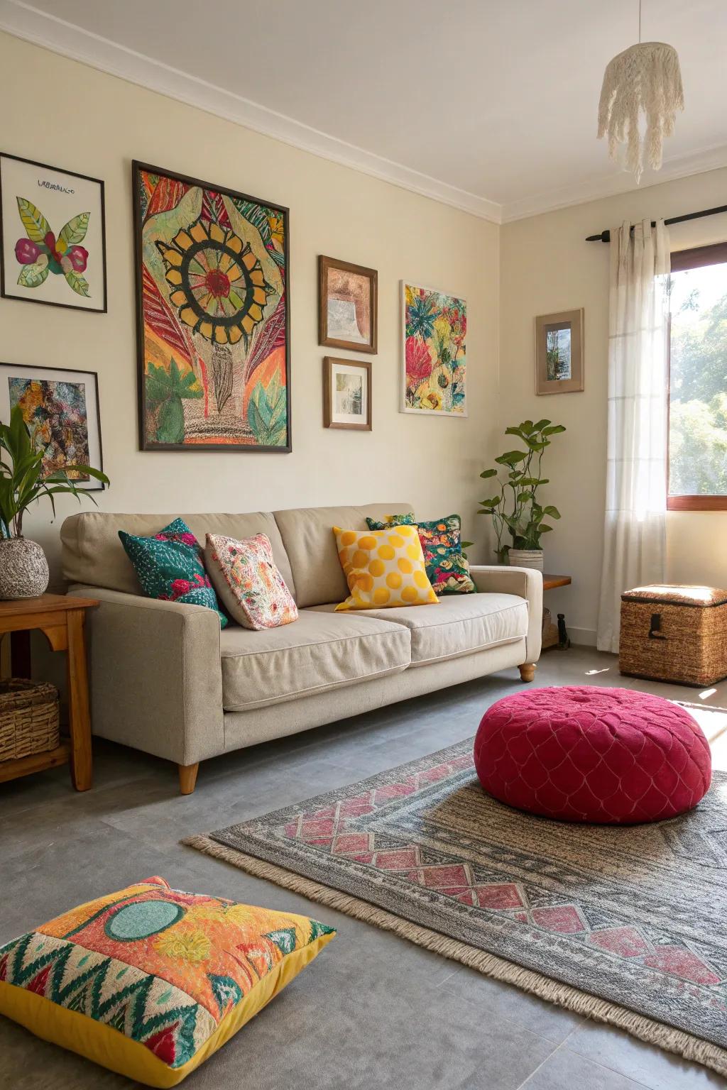 Vibrant touches breathe life into grey flooring.
