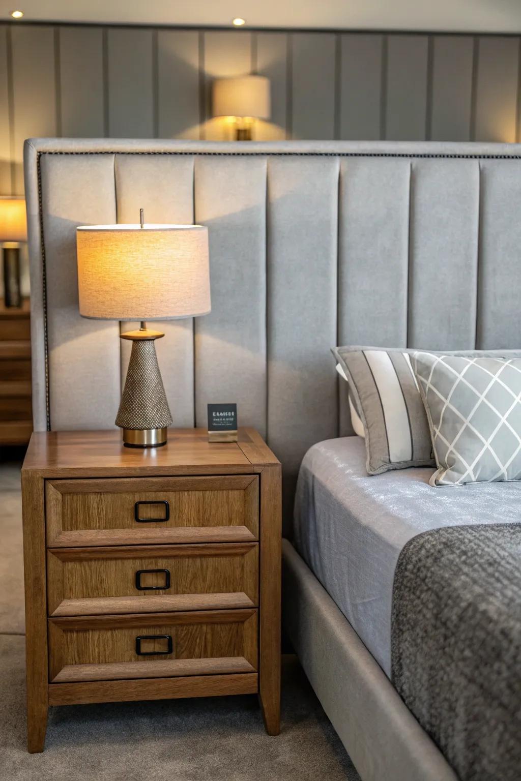A coordinated bedroom design with furnishings that complement the grey headboard.