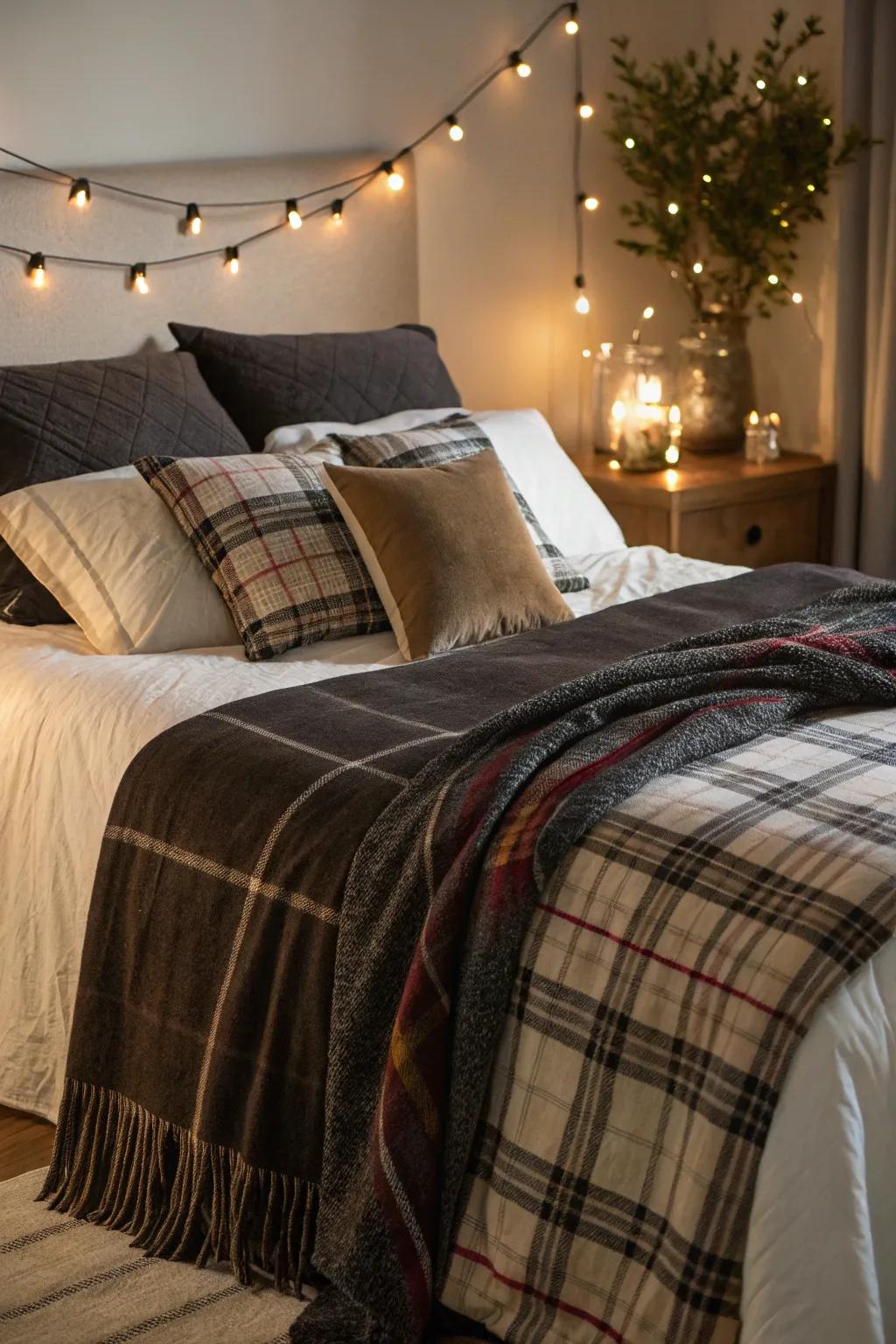 Shadowy and tartan fabrics craft a snug and fashionable getaway.