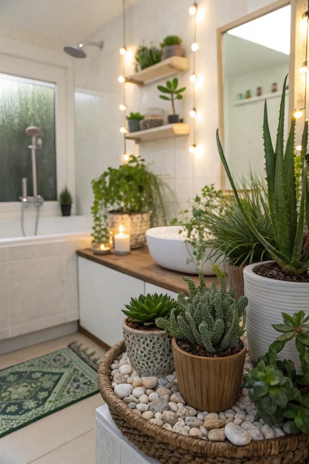 A guest bathroom enhanced with vibrant greenery, including succulents and small plants.