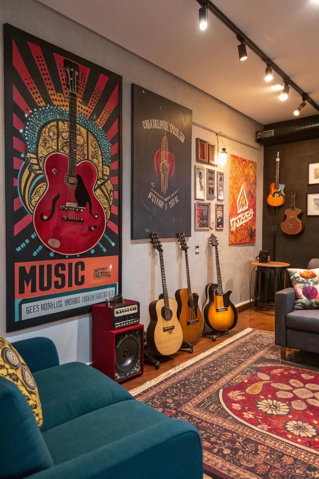 Music-themed art adding personality to the guitar room.