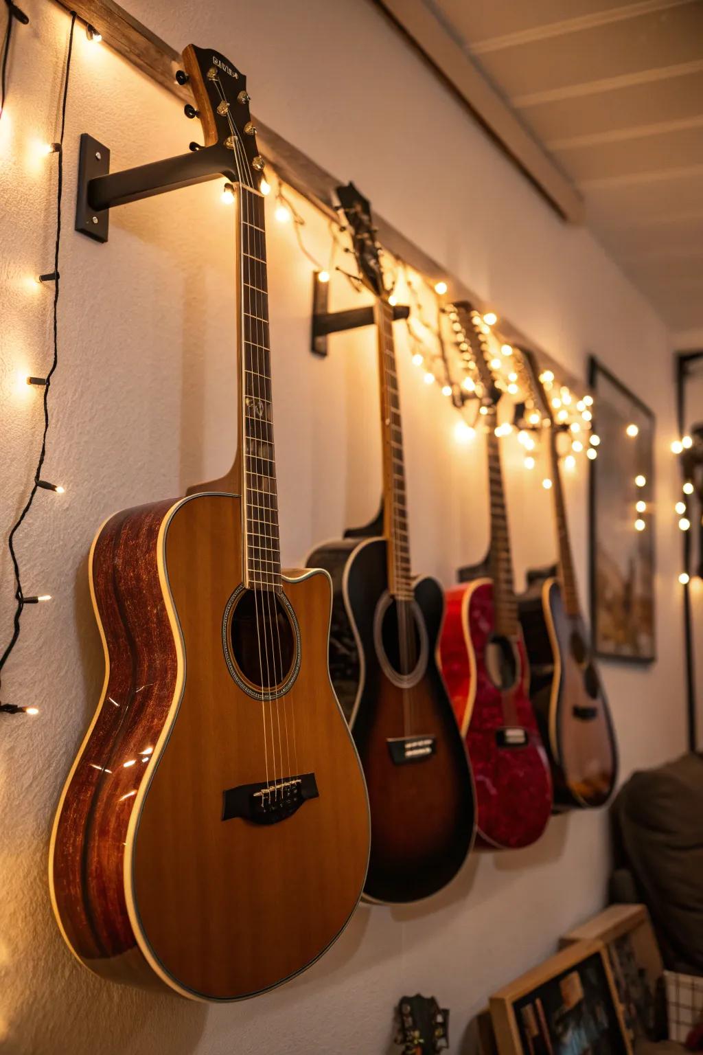 Guitars illuminated with LED lights creating a cozy ambiance.