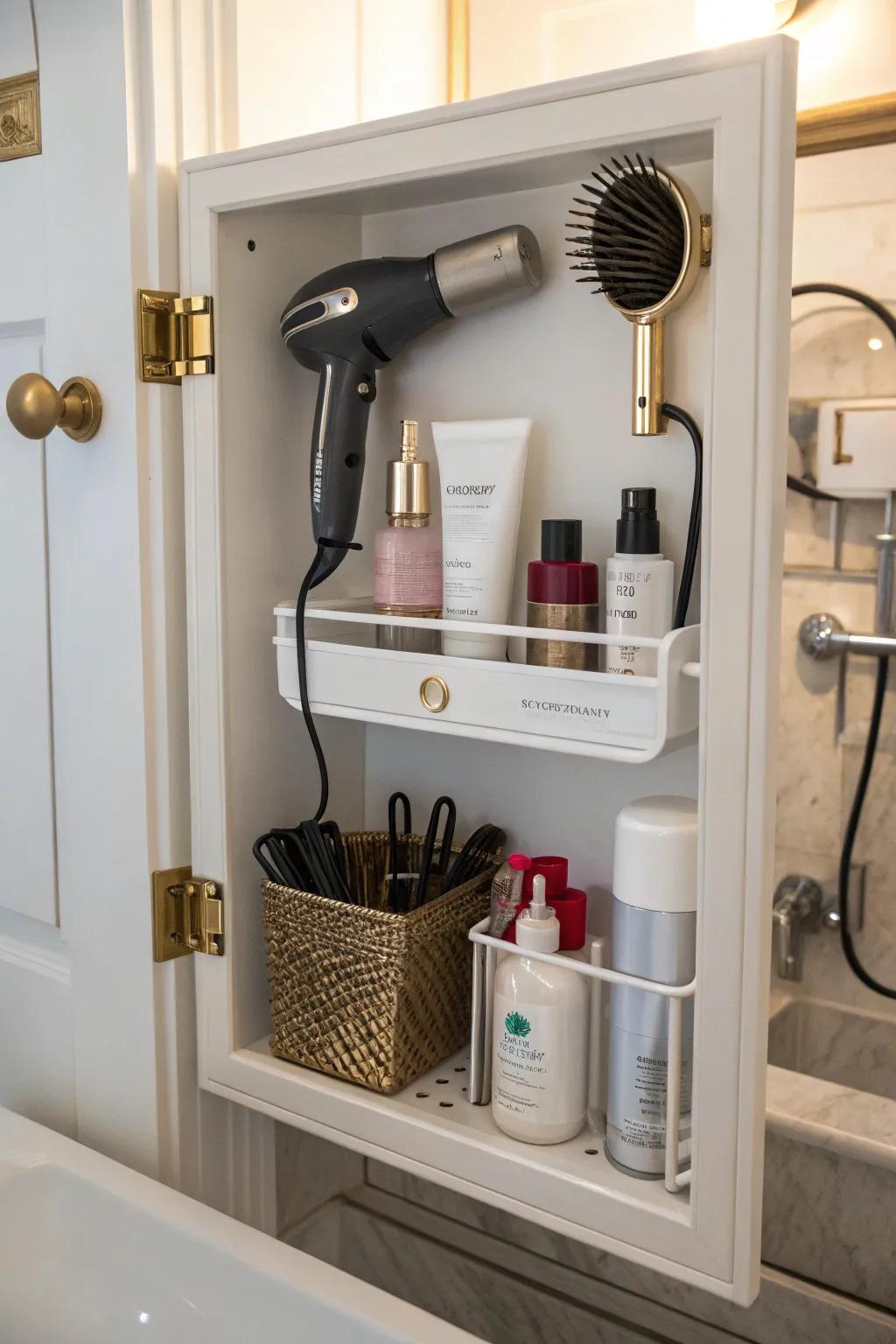 Concealed cabinet door mount for discreet and convenient storage.