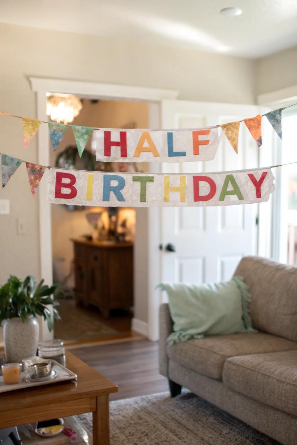 A cheerful handmade half birthday bunting that adds a personal touch to the celebration.