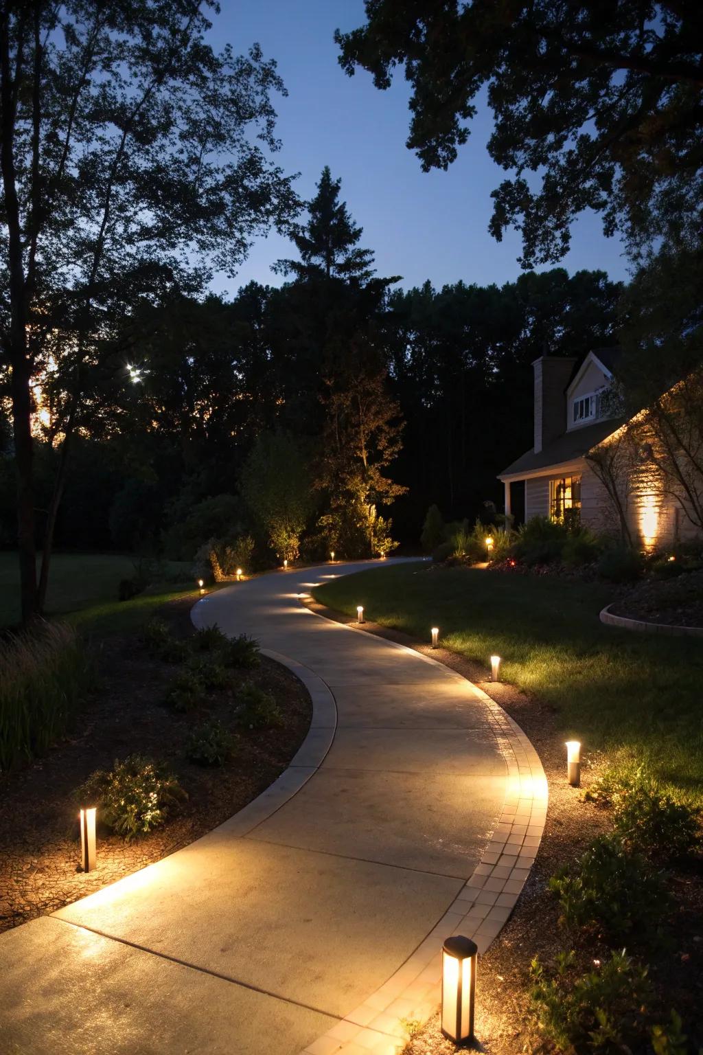 Lighting accents infuse drama and elegance into the driveway after dark.