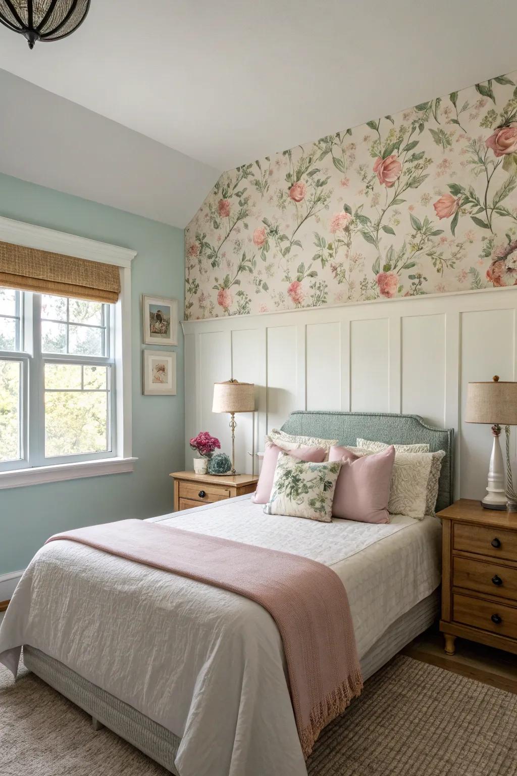 A dreamy bedroom setting with floral wallpaper and pastel paint, creating a romantic atmosphere.