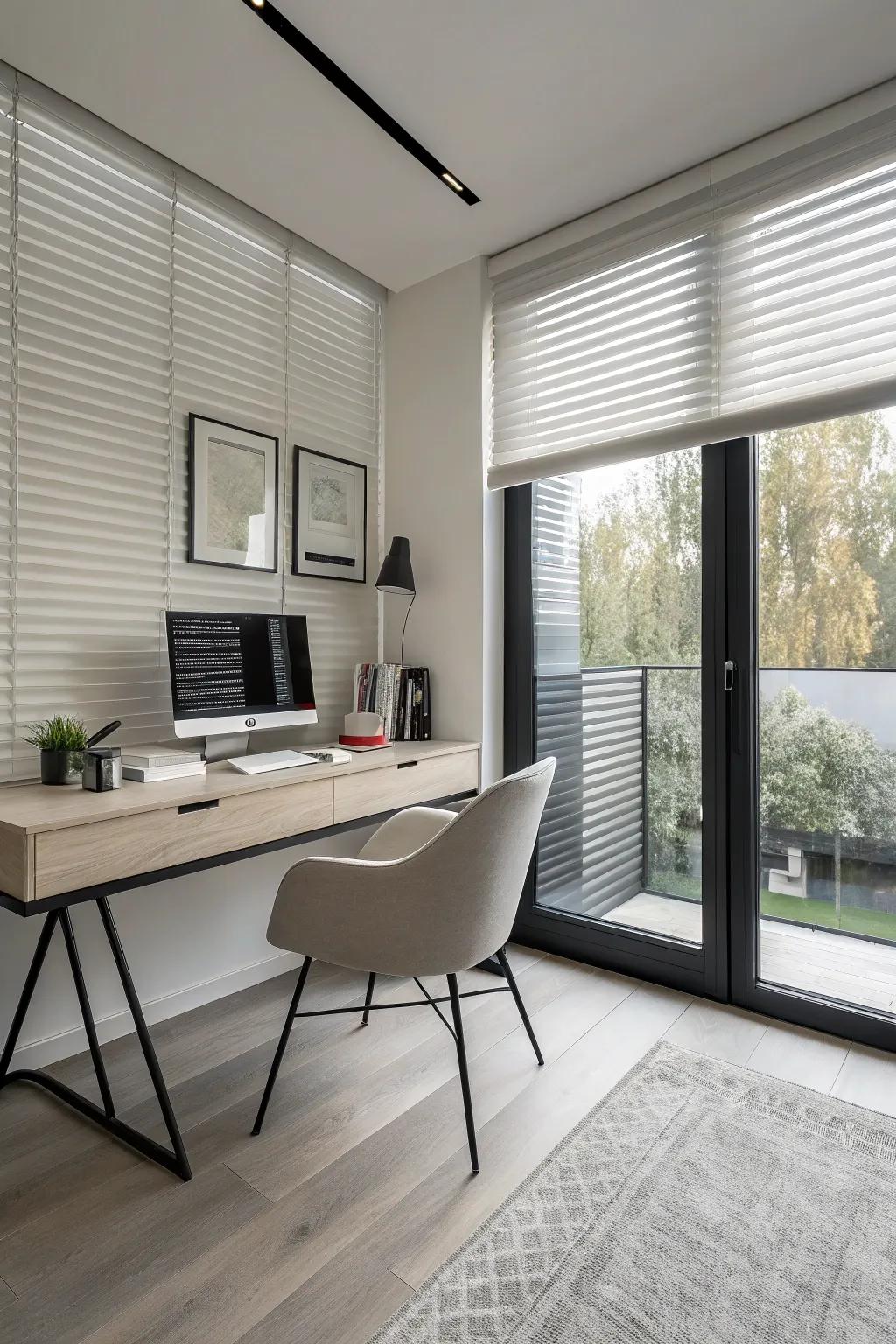 A contemporary home office featuring minimalist half window accents.