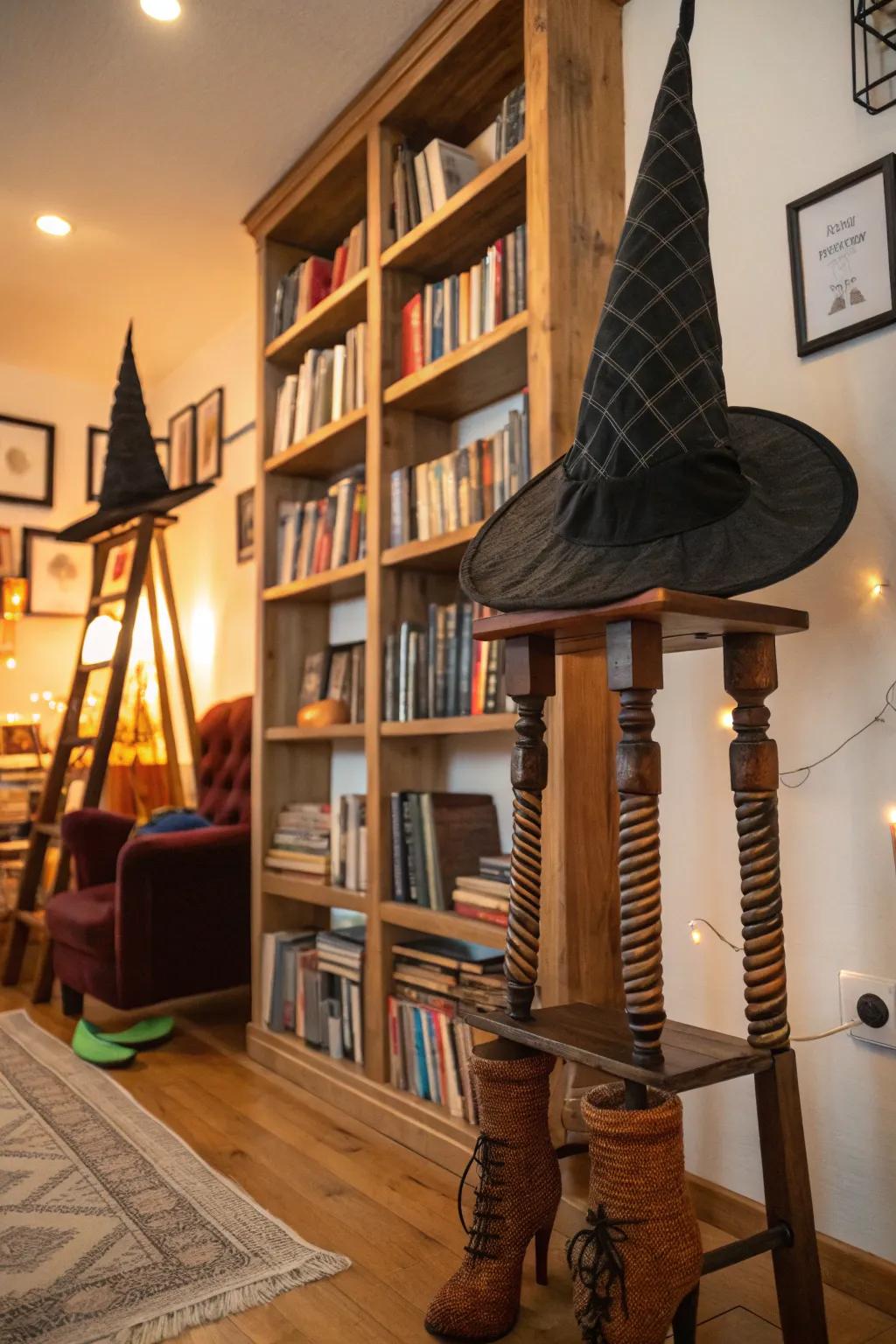 Delightful witch decorations in a library.