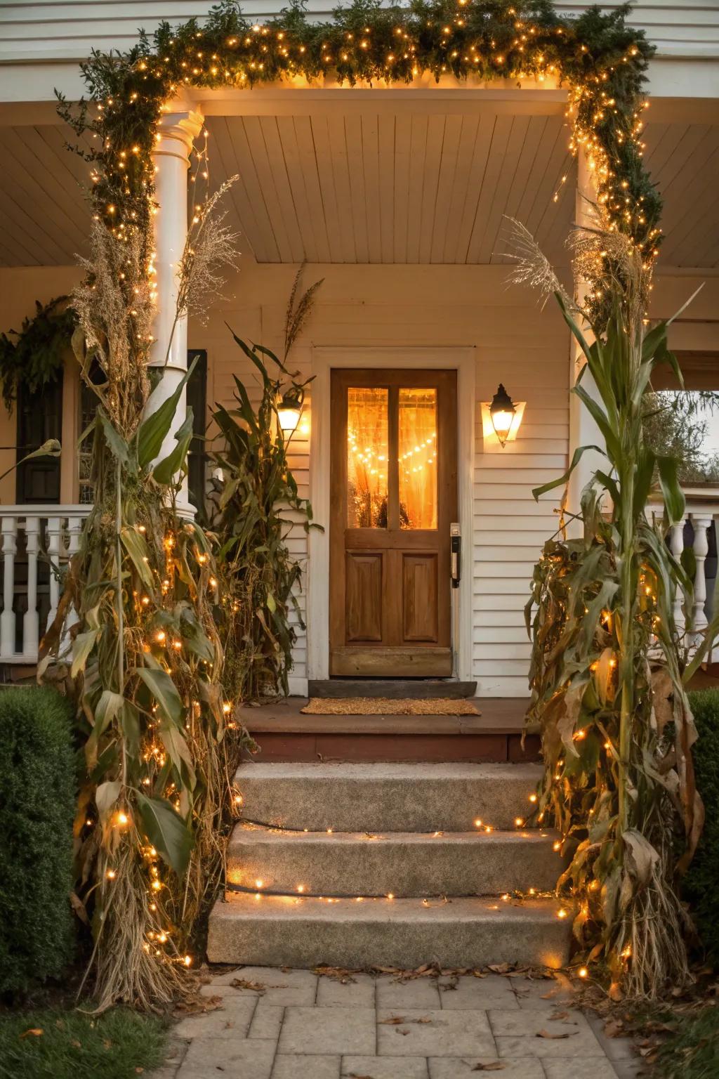 Harvest stalks evoke a rustic, autumnal atmosphere within this Halloween arrangement.