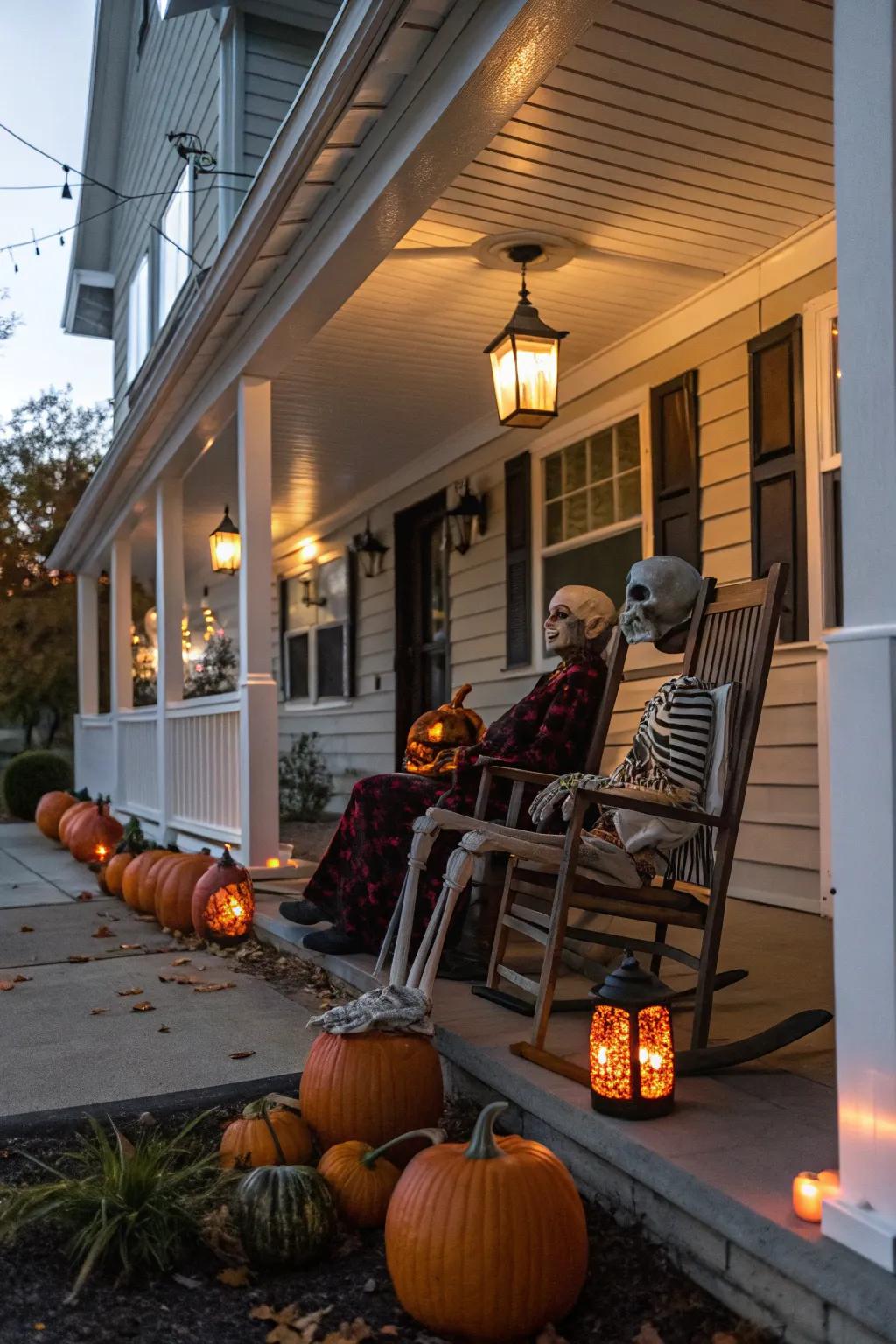 Porch decor with skeletons crafts a warm reception for Halloween guests.