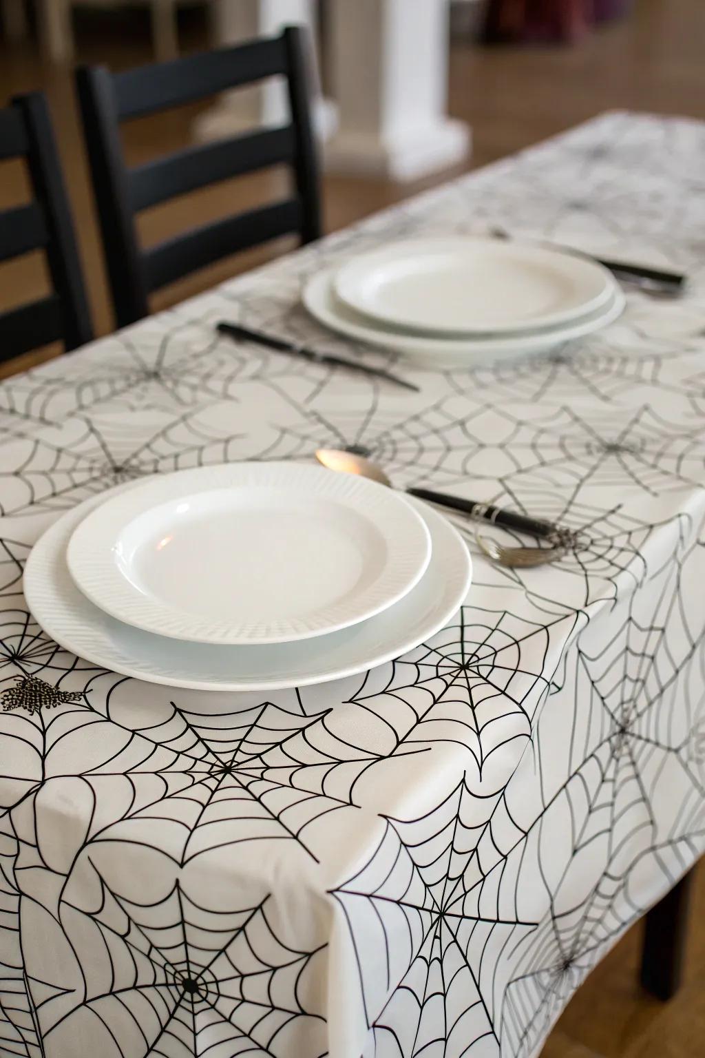 A spiderweb tablecloth swiftly sets a spooky and dramatic tone.