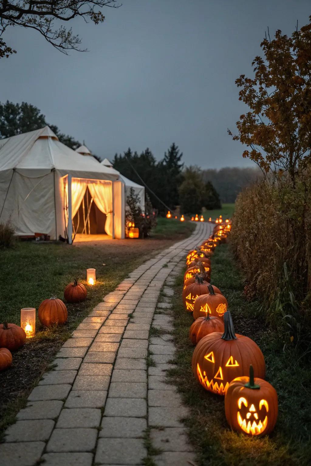 Light the way with a jack-o'-lantern pathway to your Halloween tent.