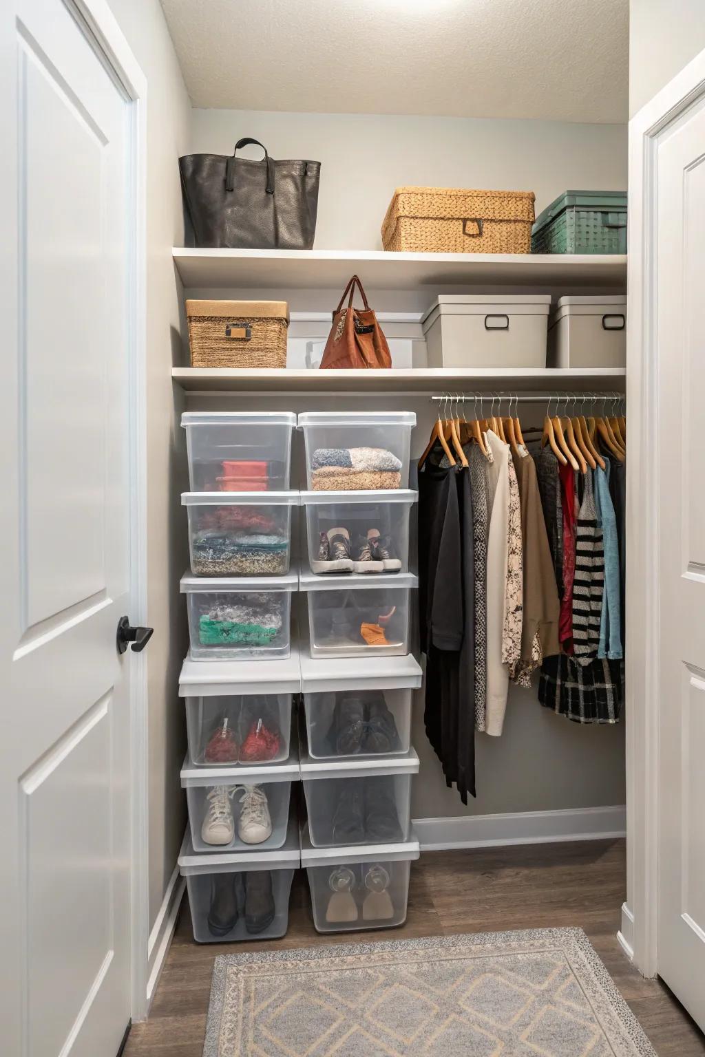 See-through storage containers in a corridor closet allowing immediate identification of items inside.