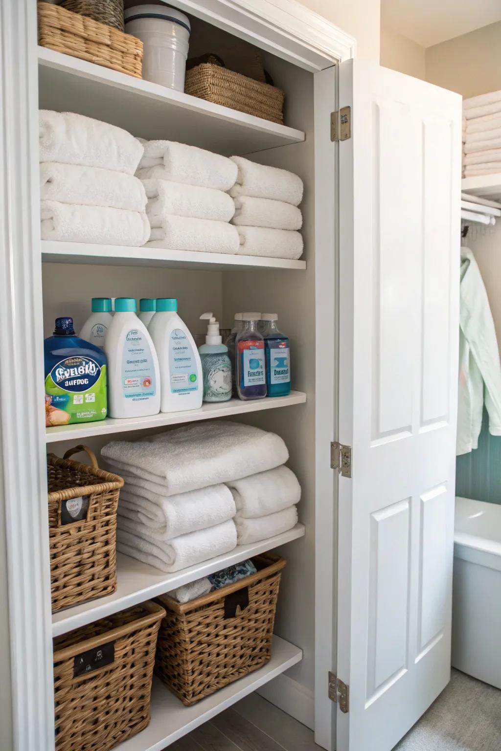 Visible shelving keeps laundry products in order and reachable.