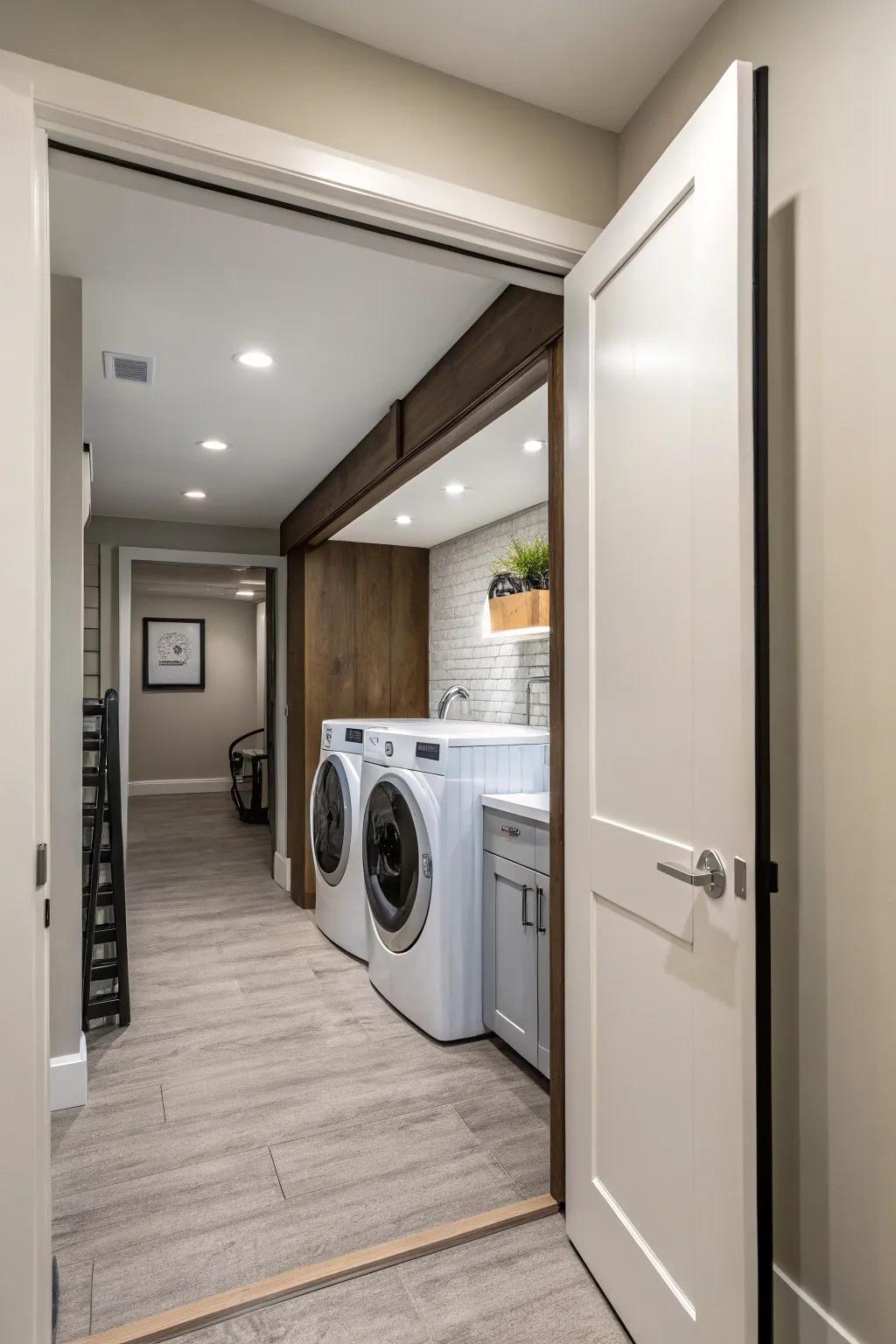 Inset doors present a neat and space-saving portal to a washing space.