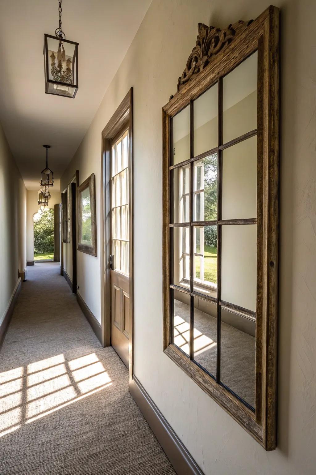Windowpane mirrors enhance hallways with added depth and light.
