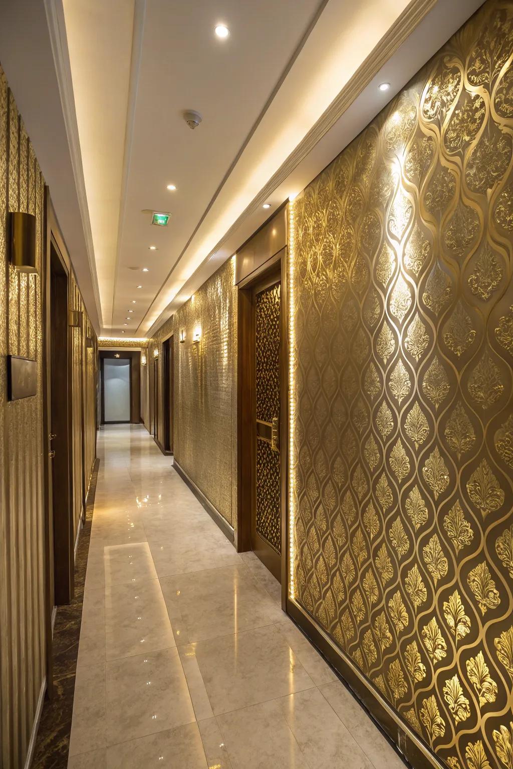 A corridor glowing with metallic refinement.
