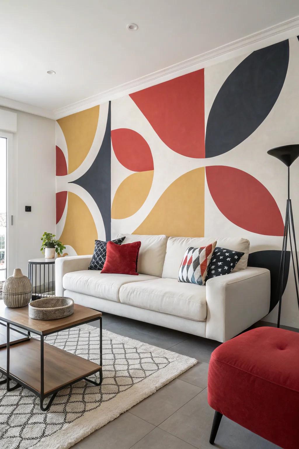 Abstract forms offer a contemporary vibe to this lounge space.